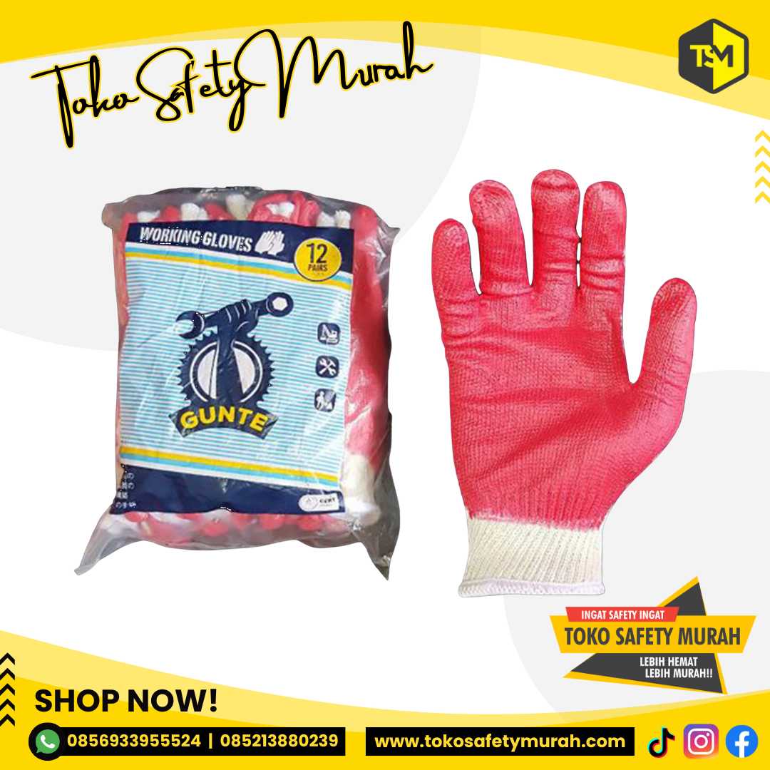 Sarung Tangan Kerja Rajut Katun Lapis Karet Dipping Gunte / Antislip Licin Anti Gores Angkat Kaca Safety Gloves Murah Lusinan