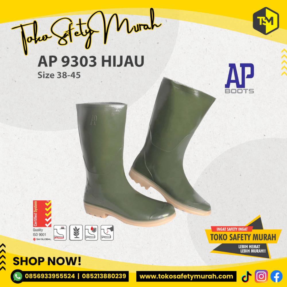 Sepatu Boot Karet Tinggi AP 9303 Sepatu Boots Jumbo Size 38-43 Warna Hijau