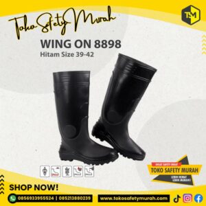 Sepatu Boot Model Panjang Tinggi Warna Hitam Black Karet PVC Untuk Kerja Cor / Kebun / Proyek Safety Boots #Jual Alat Pelindung Diri APD Alat Keselamatan Kerja K3 Merk Wing On