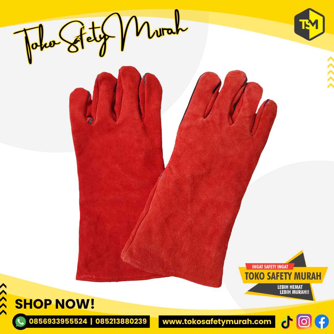 Sarung Tangan Las Kulit Merah 14inch Panjang / PREMIUM Leather Welding Gloves - Image 2