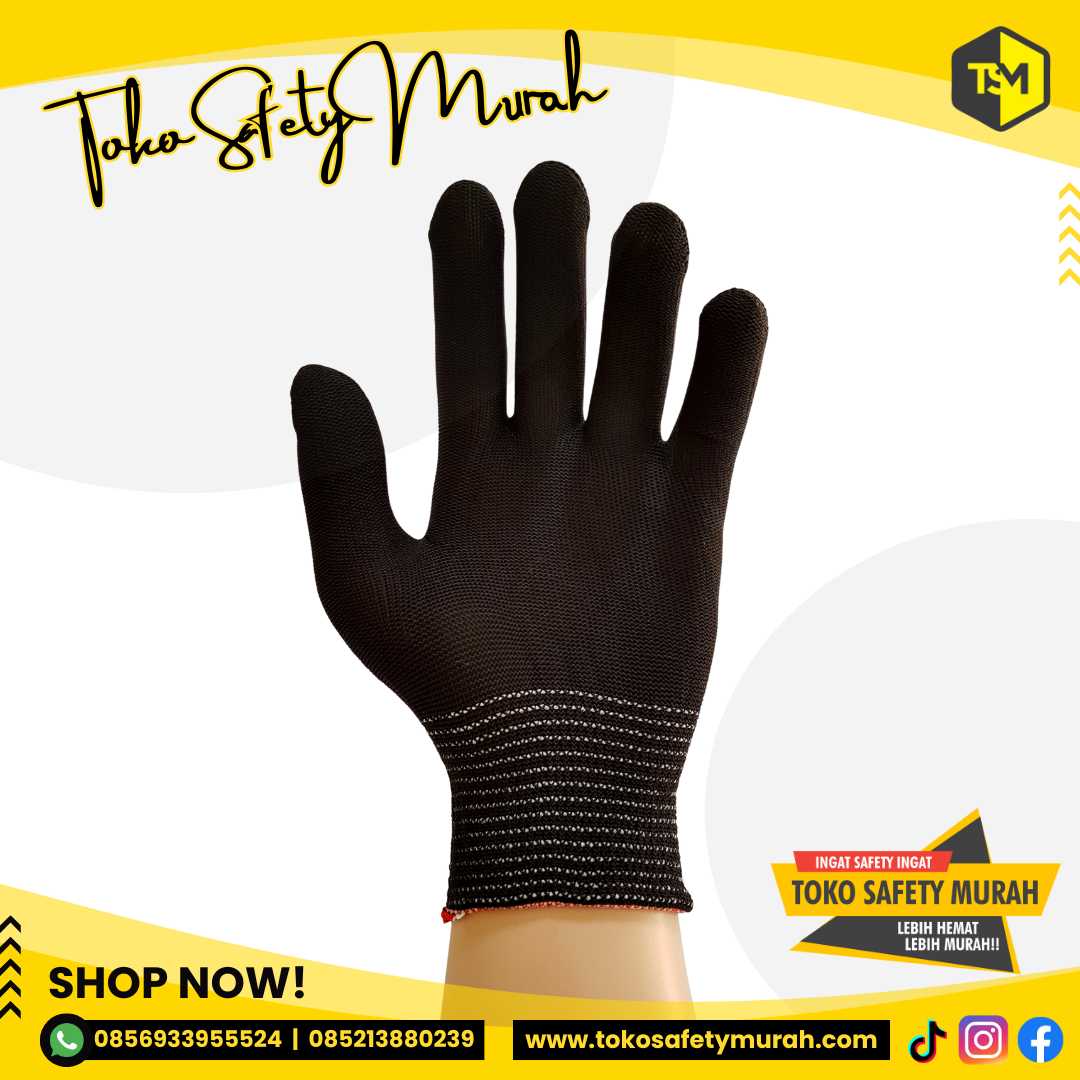 Sarung Tangan Nylon Palmfit Polyester 13 gauge Hitam Black Safety Proyek Tukang Mekanik Industri Gloves