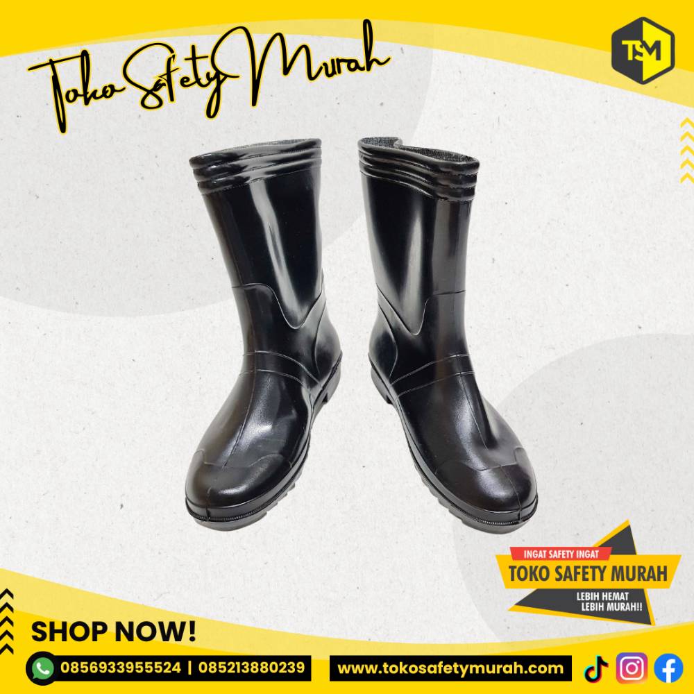Sepatu Boot Murah JEEP Karet Hitam / PVC Boots Kerja Proyek Tukang Anti Air / Pendek Setengah Betis / APD Grosir - Image 4