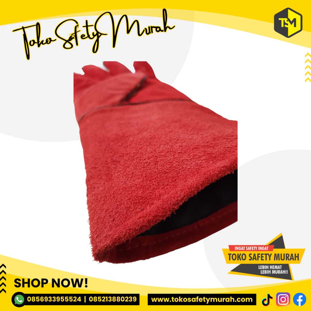 Sarung Tangan Las Kulit Merah 14inch Panjang / PREMIUM Leather Welding Gloves - Image 3