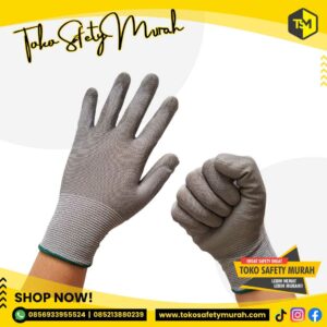Sarung Tangan PU Coating Palm Fit Safety Glove Antislip Nylon Polyster Warna Abu Abu Grey Polyester