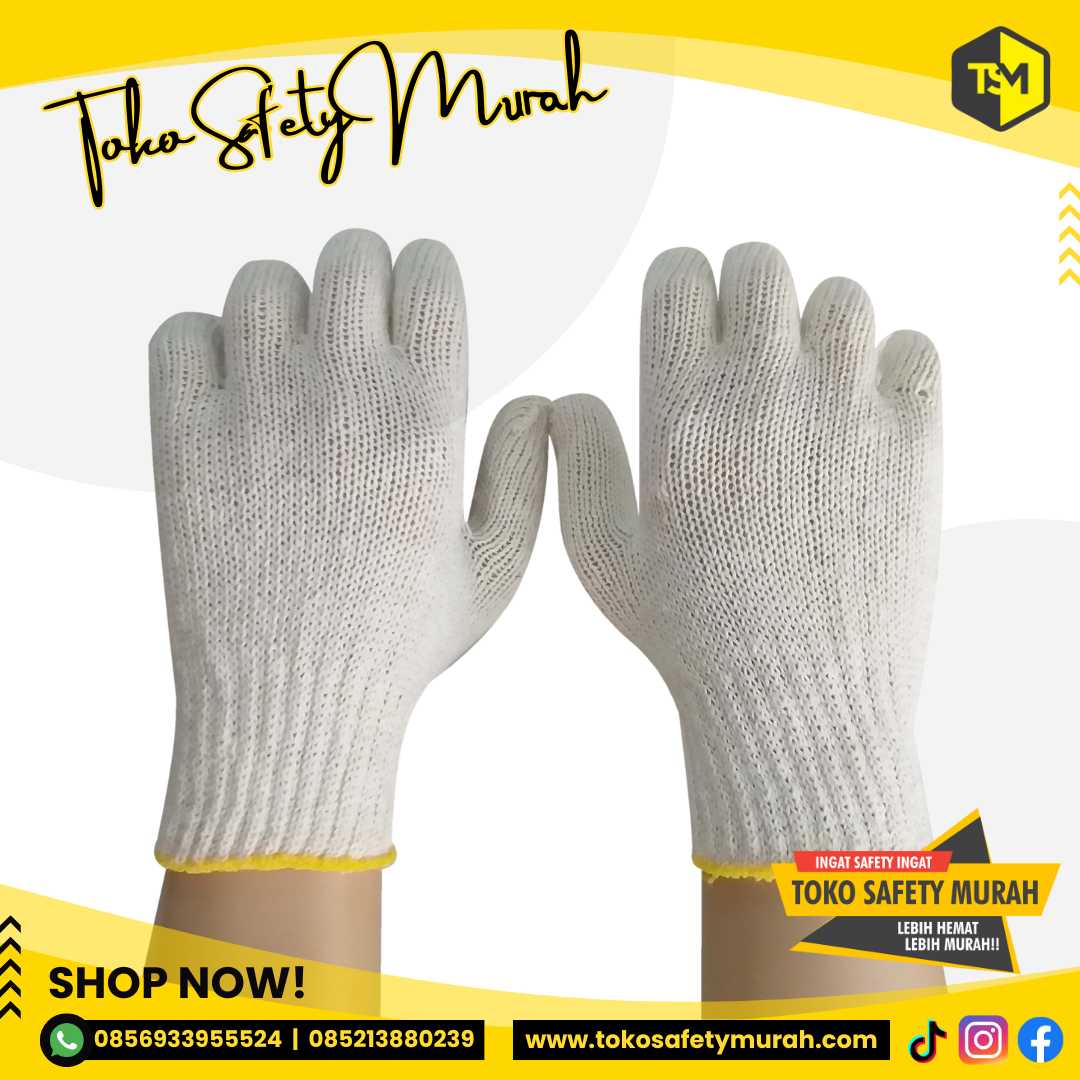 Sarung Tangan 4 Benang List Kuning Lusinan Murah / B4 Kain Rajut 4B Safety Glove Pabrik Industri Kerja Tukang Bangunan Proyek - Image 4