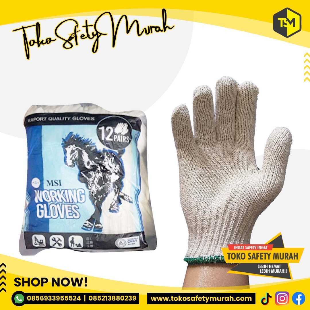 Sarung Tangan Kain Katun Tebal B8 Cotton Rajut Benang 8 Putih KUDA (12 pasang) Grosir Safety Glove Proyek Mekanik Industri Bengkel #Jual Alat Pelindung Diri APD Alat Keselamatan Kerja K3