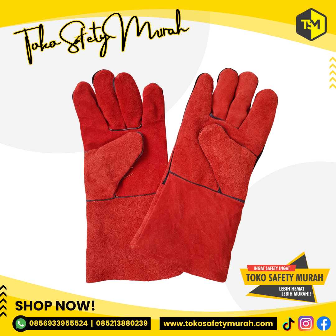 Sarung Tangan Las Kulit Merah 14inch Panjang / PREMIUM Leather Welding Gloves