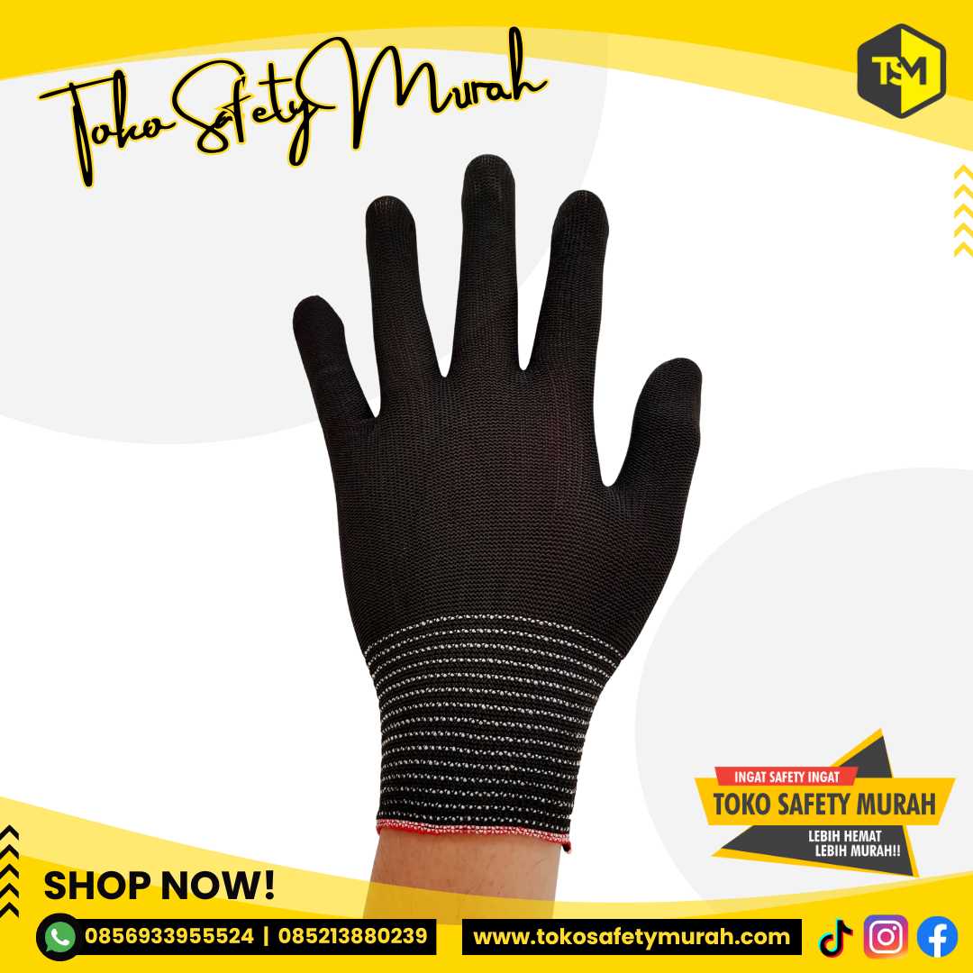 Sarung Tangan Nylon Palmfit Polyester 13 gauge Hitam Black Safety Proyek Tukang Mekanik Industri Gloves - Image 2