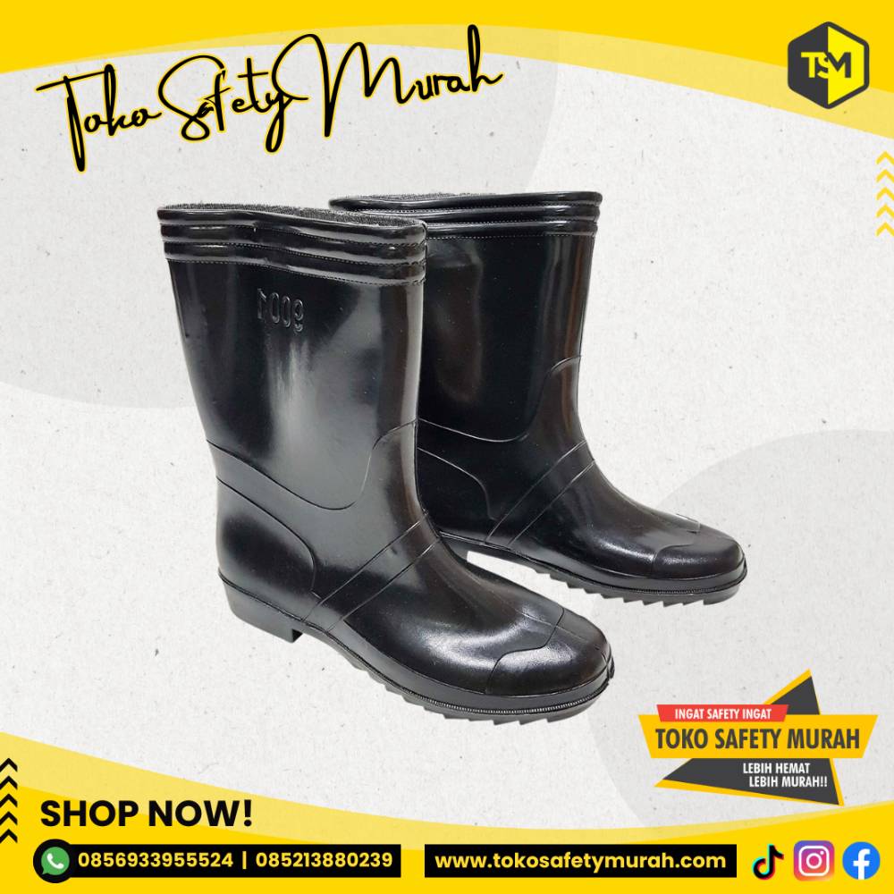 Sepatu Boot Murah JEEP Karet Hitam / PVC Boots Kerja Proyek Tukang Anti Air / Pendek Setengah Betis / APD Grosir