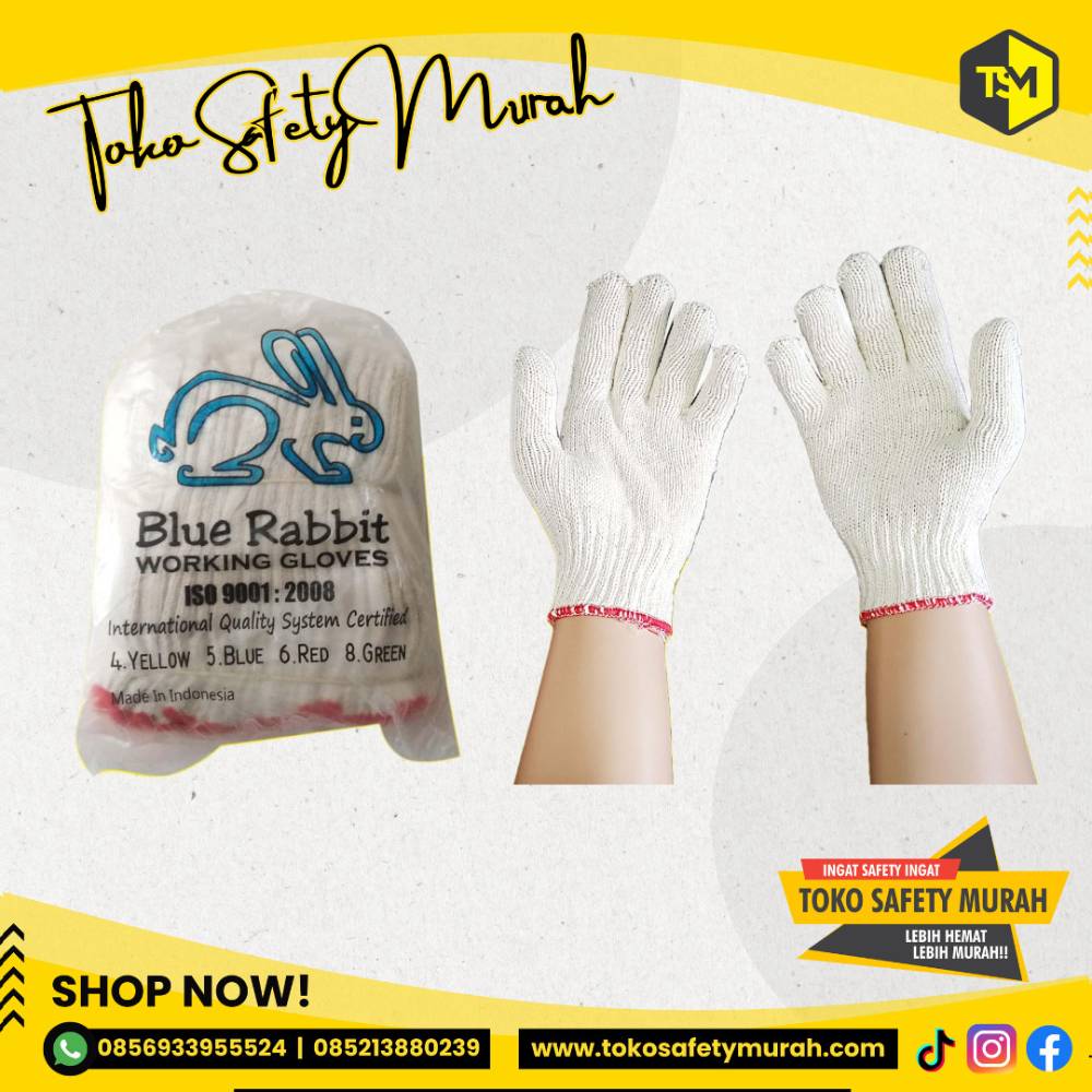 Sarung Tangan Kerja Kain Katun Putih Rajut Benang 6 Blue Rabbit B6 Lusinan Murah Safety Hand Gloves Industri Mekanik Proyek Glove