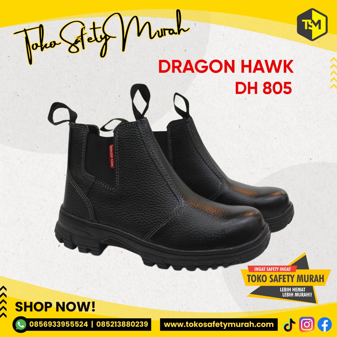 Sepatu Safety Dragon Hawk Sepatu Kerja Safety Shoes Tinggi Slop Hitam Size 46 DH 805
